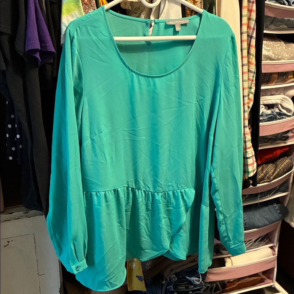 NY Collection Aqua Long Sleeve Blouse